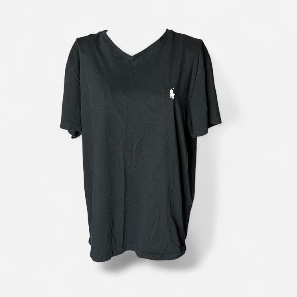 Polo Ralph Lauren Mens Large Black V Neck T-Shirt White Pony Logo 100% Cotton